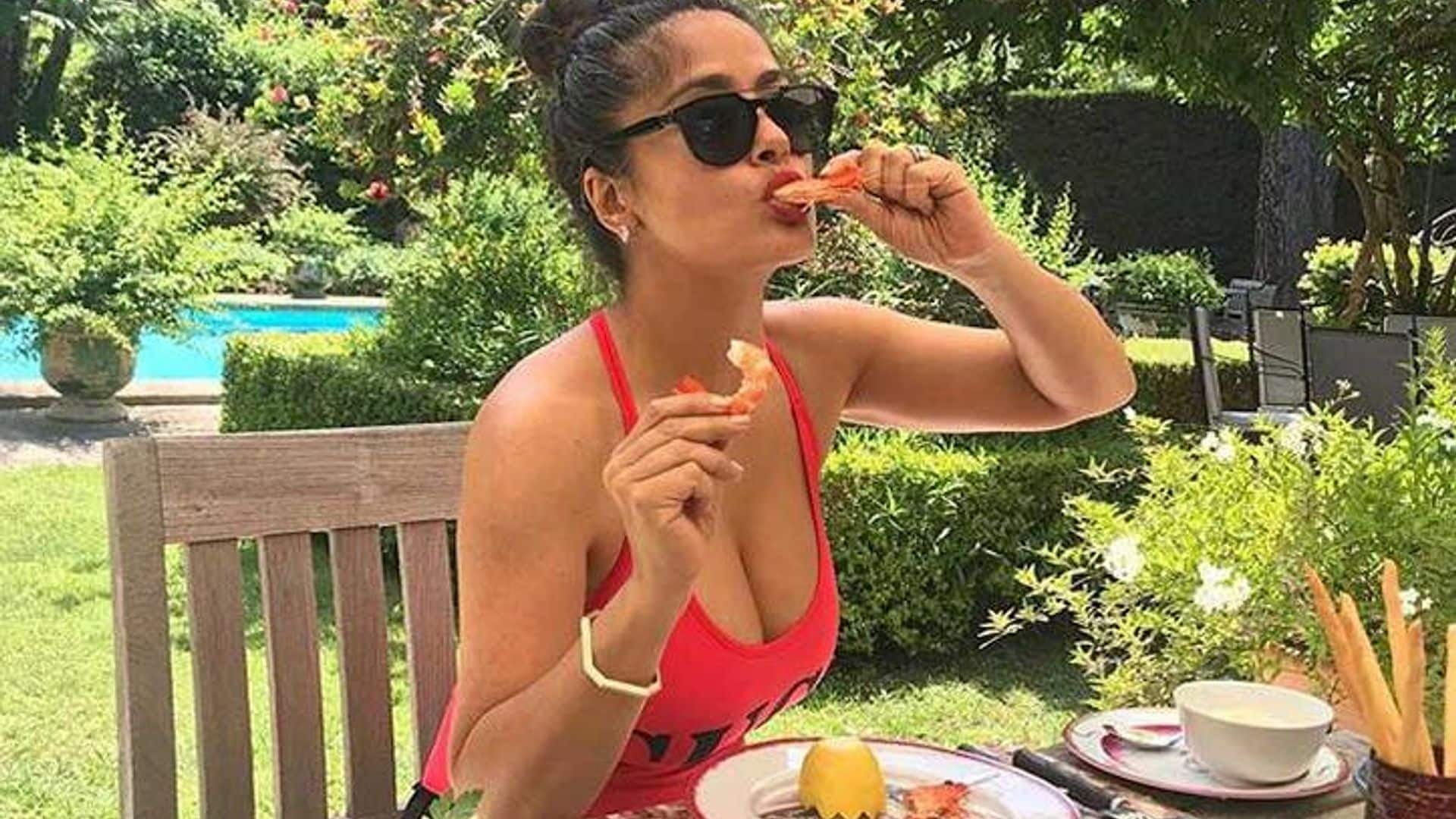 Salma Hayek red swimsuit