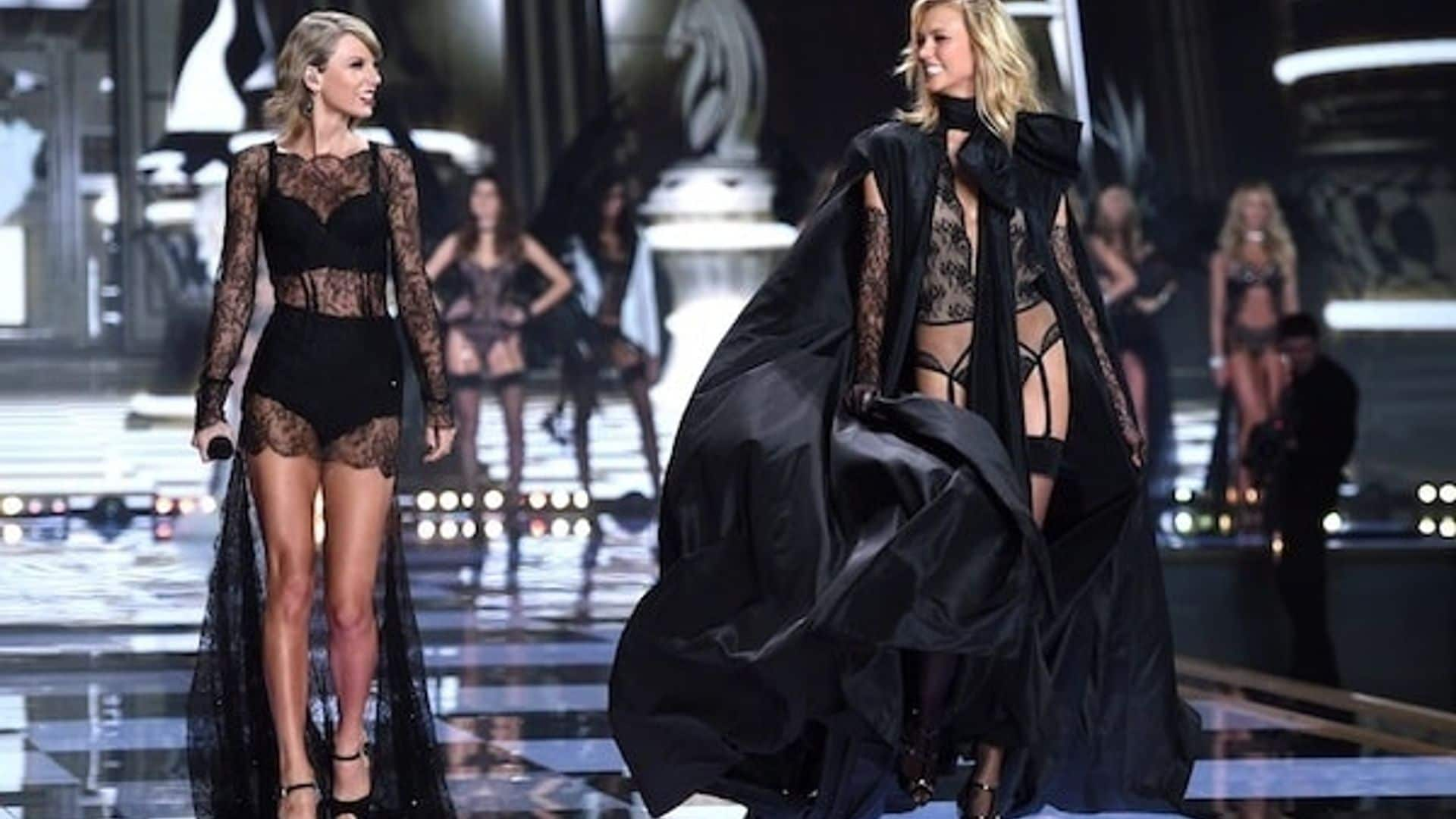 Taylor catwalking alongside supermodel Karlie Kloss, one of her best friends, at the Dec. 2 Victoria's Secret runway show.