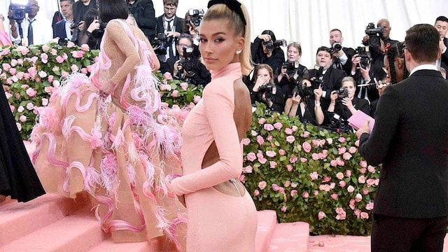 Hailey Baldwin with long pink dress