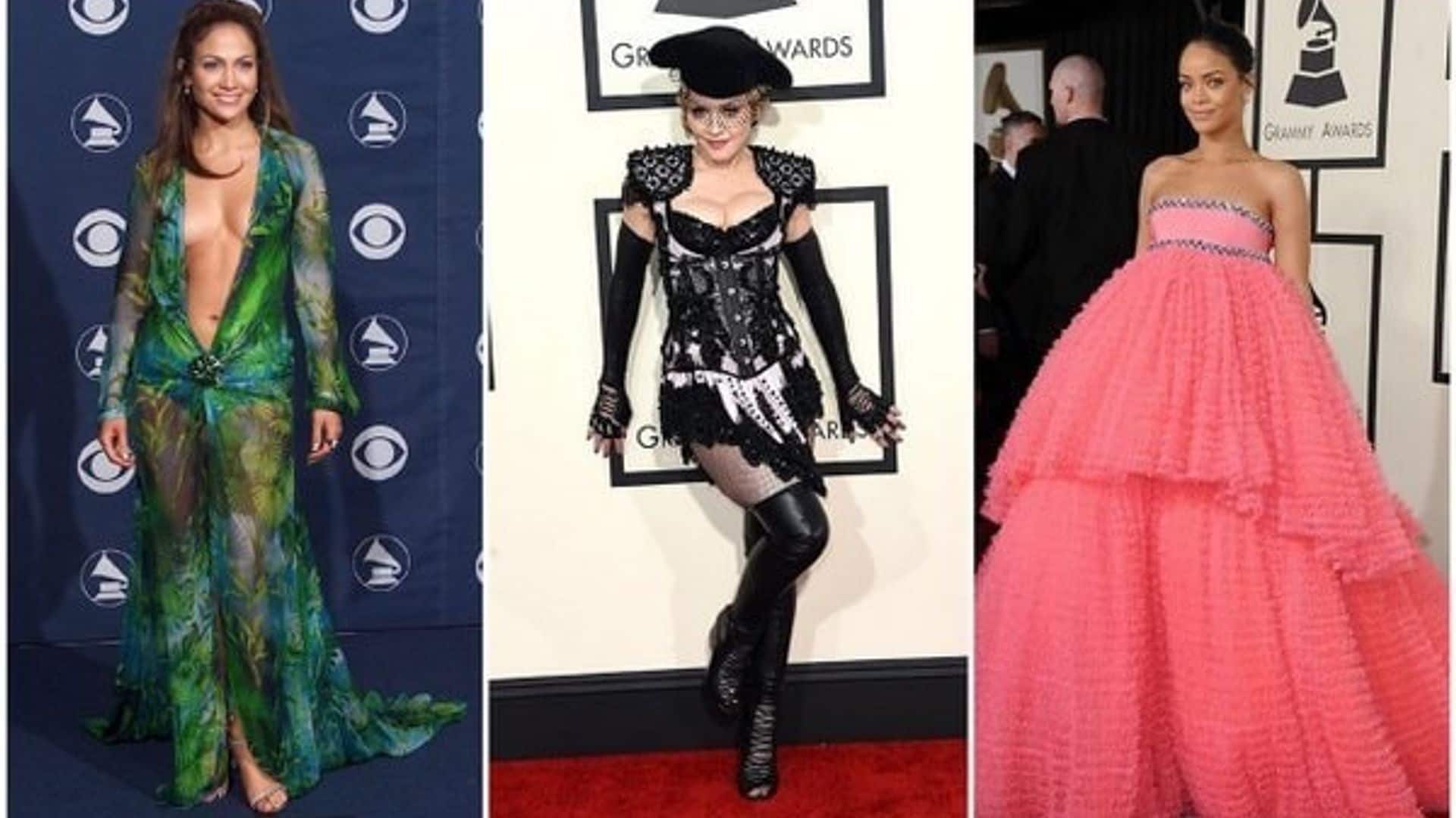 If there's one rule for style-watching on the Grammys red carpet, it's to expect the unexpected! In the countdown to the 60th Grammy Awards that will be taking place in NYC on Sunday, January 28, here's our roundup of the coolest, craziest and most memorable outfits seen at the annual music extravaganza.
<br>
Photos: Getty Images
