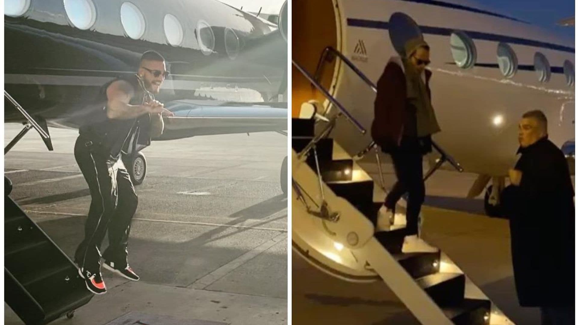 Marc Anthony and Maluma show off very different ways of exiting a private jet