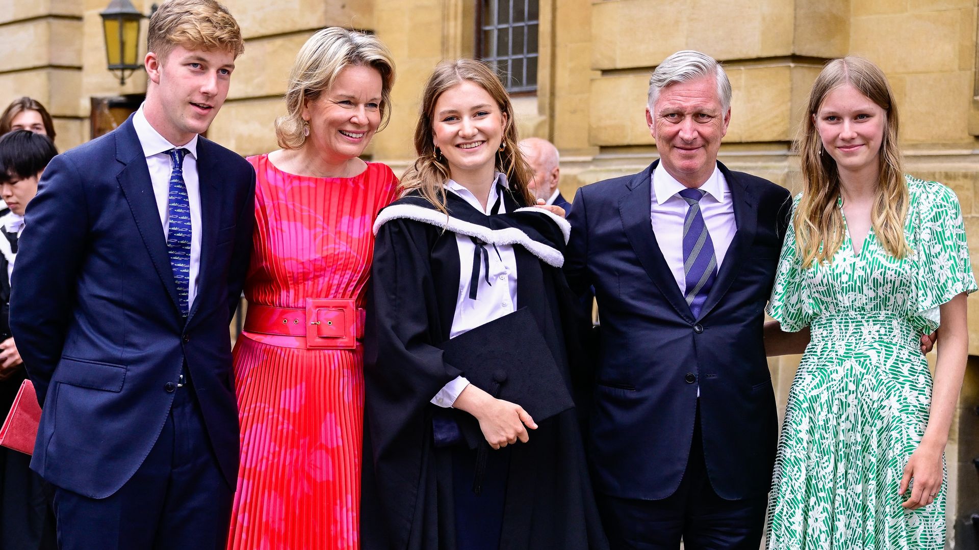 Prince Emmanuel, Queen Mathilde of Belgium, Crown Princess Elisabeth, King Philippe - Filip of Belgium and Princess Eleonore pictured at the graduation ceremony of the university of Oxford, at the Sheldonian Theatre in Oxford, United Kingdom, Tuesday 23 July 2024. The Crown Princess officially completed her three-year undergraduate degree in History and Politics at Lincoln College of the University of Oxford. BELGA PHOTO LAURIE DIEFFEMBACQ (Photo by LAURIE DIEFFEMBACQ / BELGA MAG / Belga via AFP) (Photo by LAURIE DIEFFEMBACQ/BELGA MAG/AFP via Getty Images)