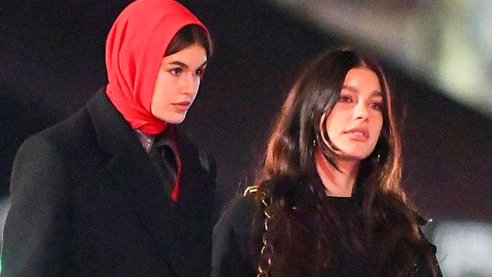 Kaia Gerber and Camila Morrone twin in black coats in NYC