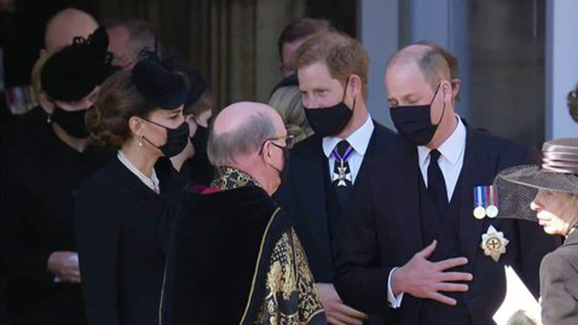 Watch Harry, William and Kate leave Prince Philip’s funeral together