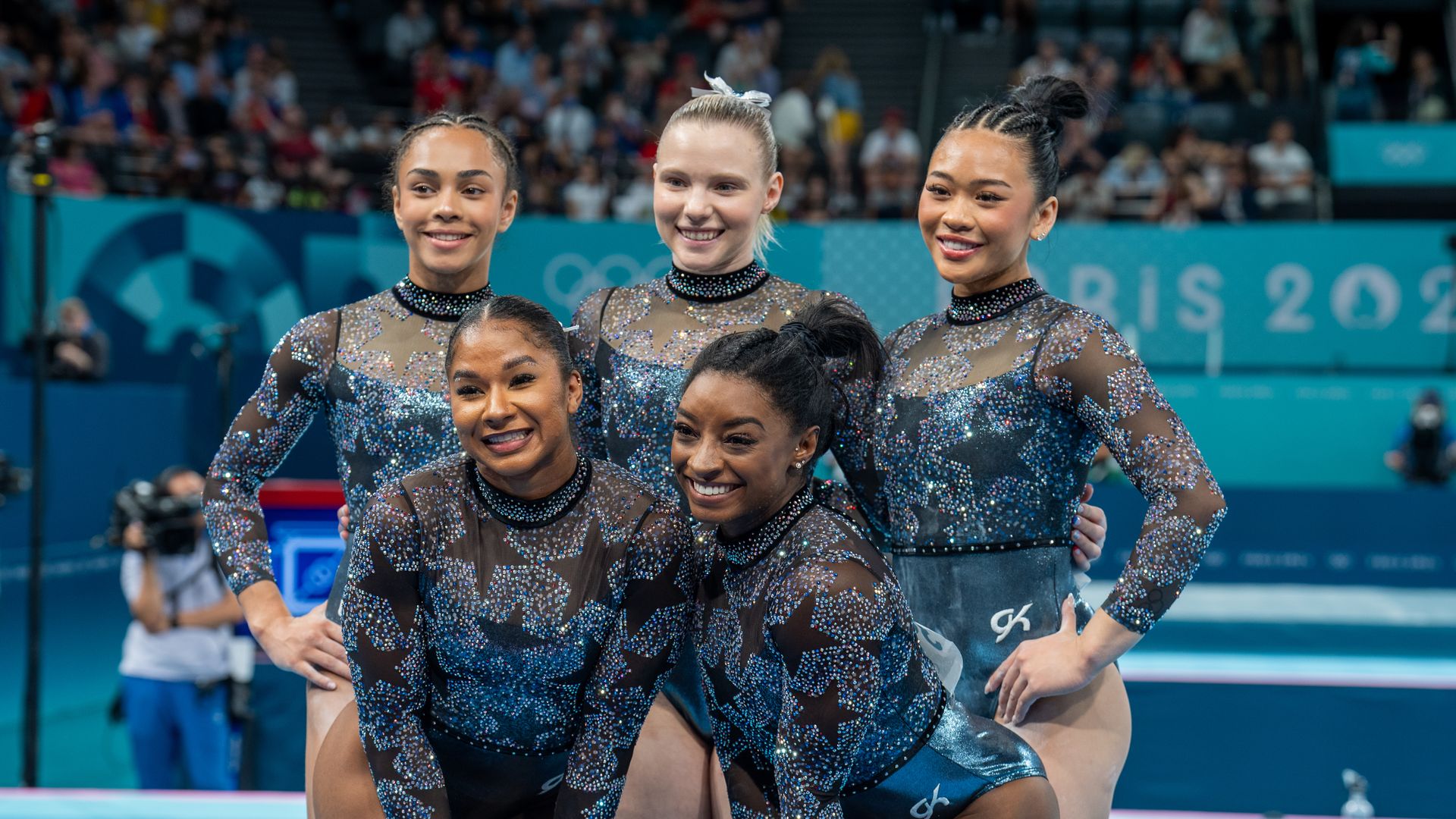 Team USA poses for a photo during the women's gymnastics at the Bercy Arena during the Paris 2024 Olympic Games in Paris, France, on July 28, 2024. (Photo by Aytac Unal/Anadolu via Getty Images)