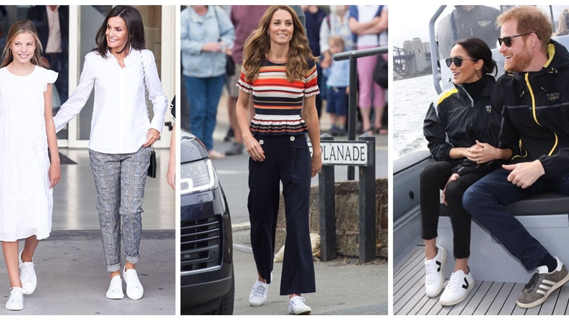 Kate Middleton, Meghan Markle, Queen Letizia white sneakers