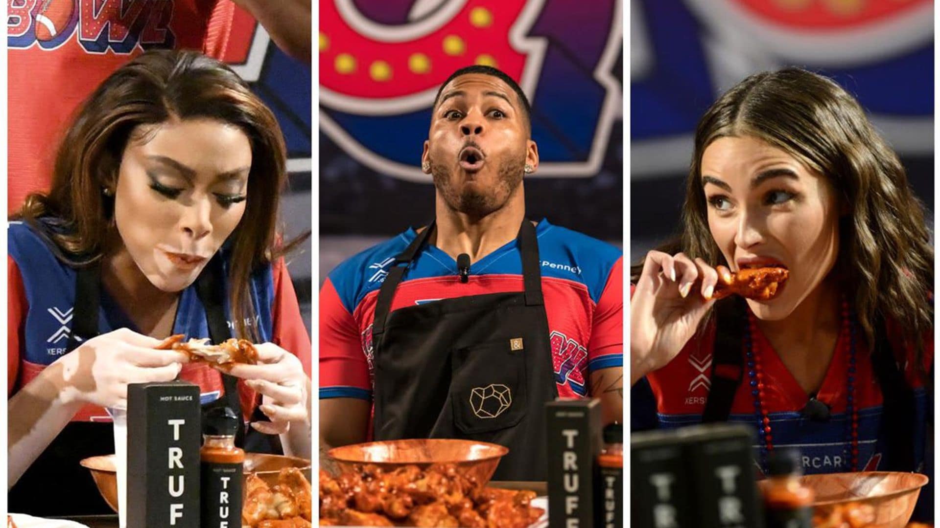 Olivia Culpo, Winnie Harlow, and Nelly competing at the hot wing eating contest