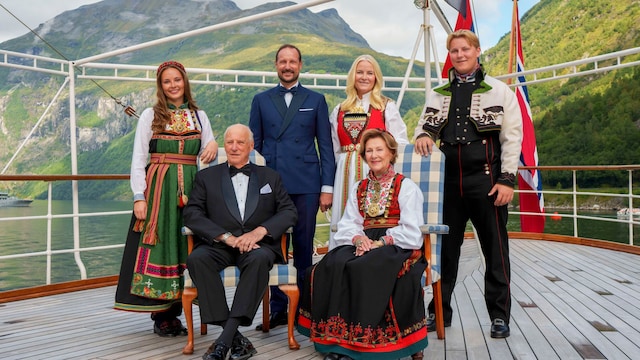 Norway's King Harald, Queen Sonja, Crown Prince Haakon, Crown Princess Mette-Marit, Princess Ingrid Alexandra, Prince Sverre Magnus pose for a group photo aboard the kingship Norway in the Geirangerfjord on August 31, 2024, where they attend Princess Martha Louise of Norway and her future husband Durek Verrett's wedding. Princess Martha Louise, the eldest child of King Harald will tie the knot on Saturday with American self-proclaimed shaman Durek Verrett. (Photo by Cornelius POPPE / various sources / AFP) / Norway OUT (Photo by CORNELIUS POPPE/NTB/POOL/AFP via Getty Images)