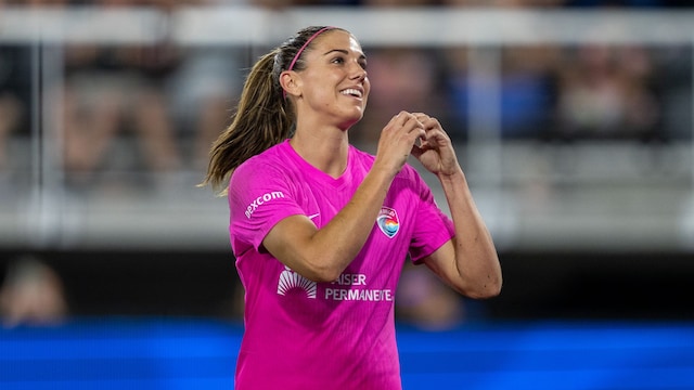 Alex Morgan, #13 of San Diego Wave FC, interacts with Washington Spirit fans during a game between San Diego Wave FC and Washington Spirit at Audi Field on June 15, 2024, in Washington, DC. (Photo by Brad Smith/ISI Photos/Getty Images).