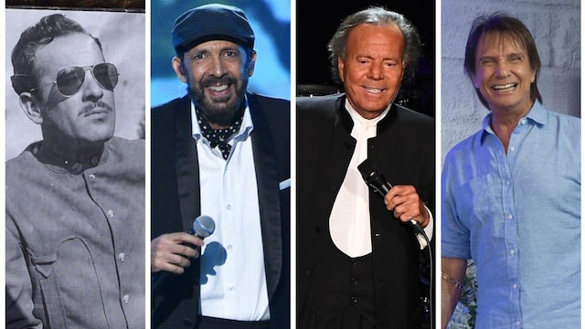 Collage of Pedro Infante, Juan Luis Guerra, Julio Iglesias and Roberto Carlos.