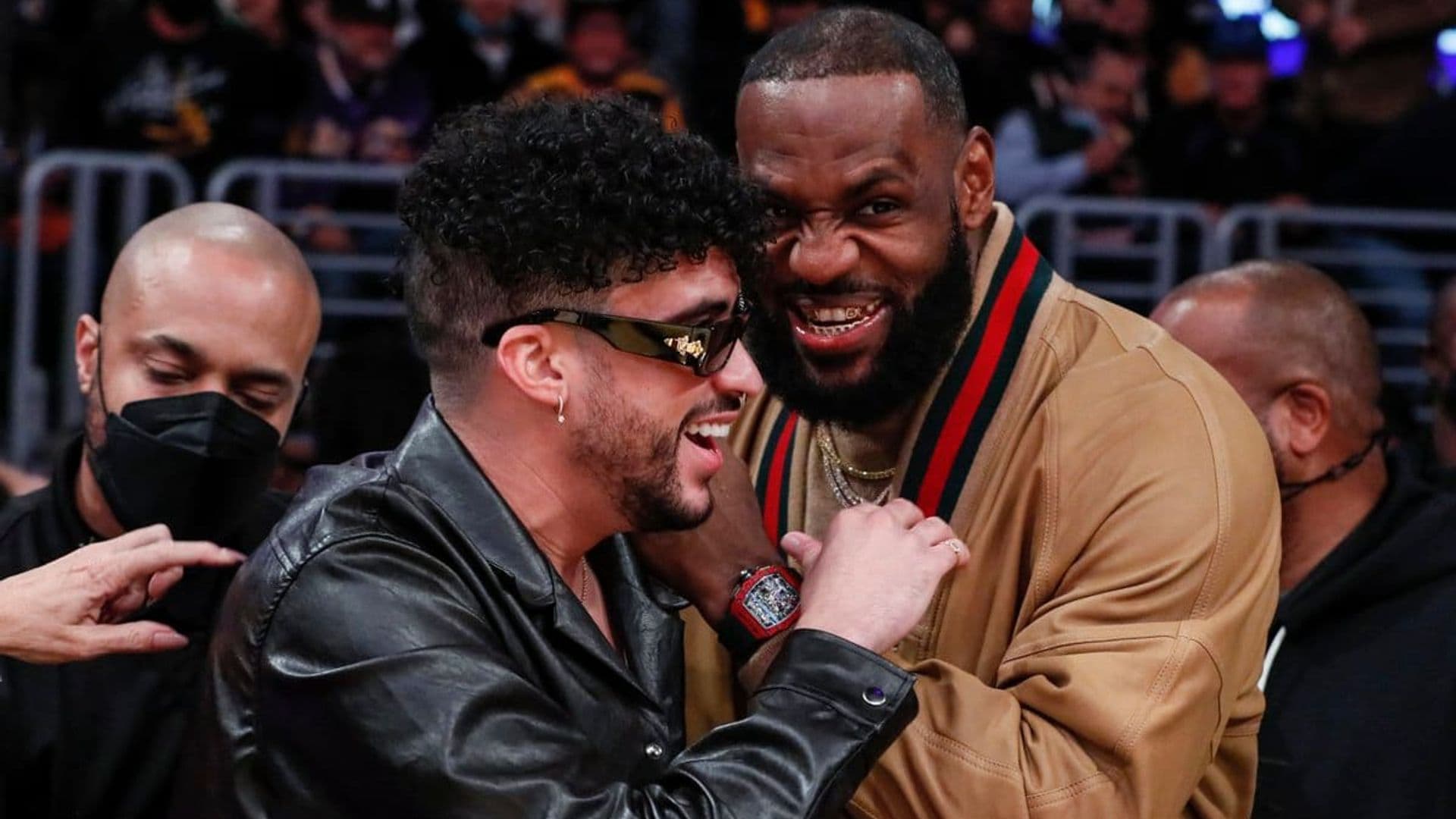 Bad Bunny and Eladio Carrion link up with LeBron James and Kevin Hart at the Lakers game