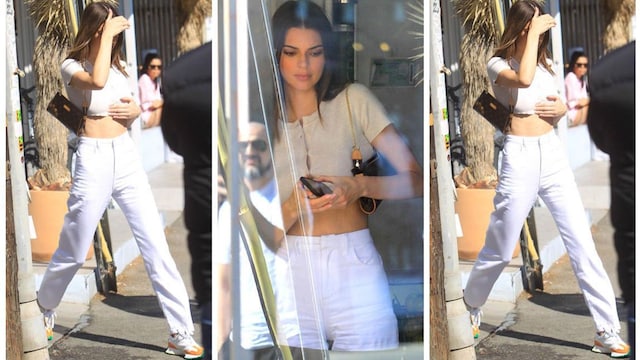 Kendall Jenner in white jeans crop top and Casablanca x New Balance Sneakers