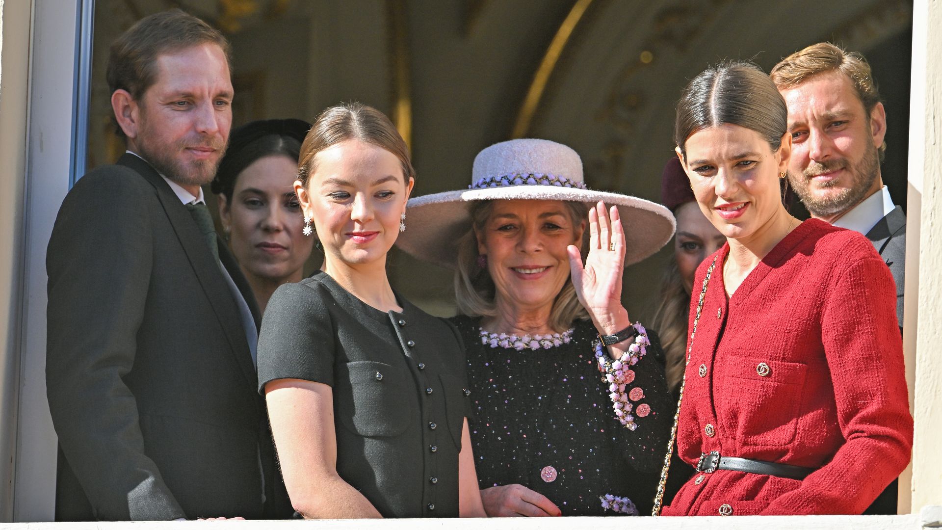  NO TABLOIDS WEB & PRINT, NO DAILY MAIL, NO DAILY MAIL GROUP, NO VOICI, NO CLOSER) Andrea Casiraghi, Princess Alexandra of Hanover, Princess Caroline of Monaco, Charlotte Casiraghi and Pierre Casiraghi attend the Monaco National Day 2023 on November 19, 2023 in Monaco, Monaco. (Photo by Stephane Cardinale - Corbis/Corbis via Getty Images)