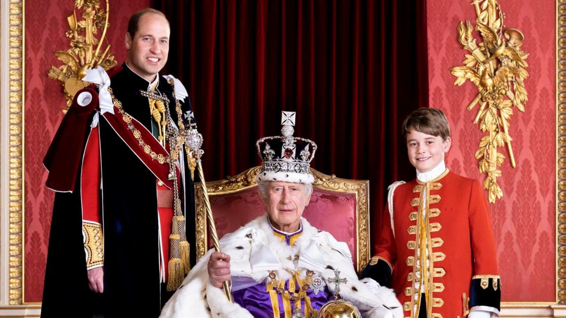 HIS MAJESTY THE KING WITH HIS ROYAL HIGHNESS THE PRINCE OF WALES AND HIS ROYAL HIGHNESS PRINCE GEORGE OF WALES, IN THE THRONE ROOM.