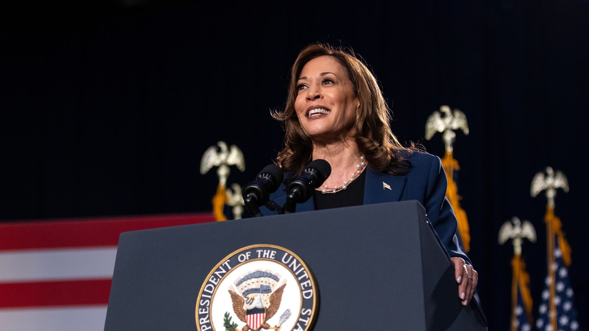 Democratic presidential candidate, U.S. Vice President Kamala Harris, speaks to supporters during a campaign rally at West Allis Central High School on July 23, 2024, in West Allis, Wisconsin. Harris made her first campaign appearance as the party's presidential candidate with an endorsement from President Biden. 