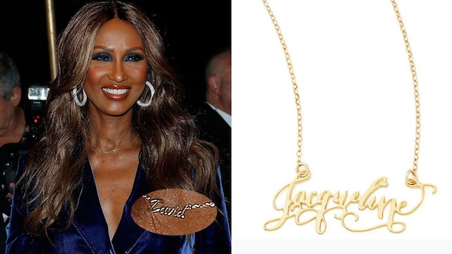 Iman has paid a beautiful homage to her late husband David Bowie with a script necklace of his name. While the supermodel's touching tribute was custom created for her by designer Hedi Slimane, formerly of Saint Laurent, a similar style is available from Brevity.
Celebrity fans: Alessandra Ambrosio, Shay Mitchell, Kylie Jenner
Brevity Personalized Gold-Plate Calligraphy Necklace, $345 from neimanmarcus.com