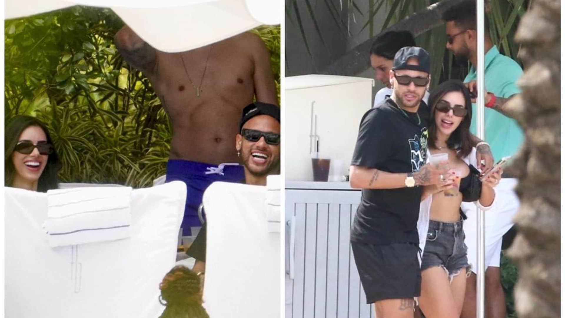 Neymar and his girlfriend Bruna Biancardi cuddle up at a pool party