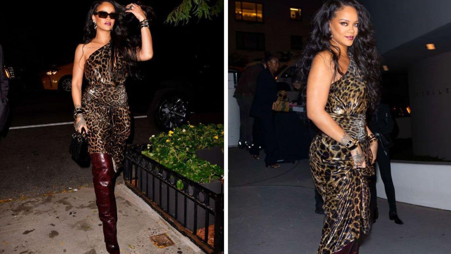 Rihanna in an animal print outfit by Saint Laurent