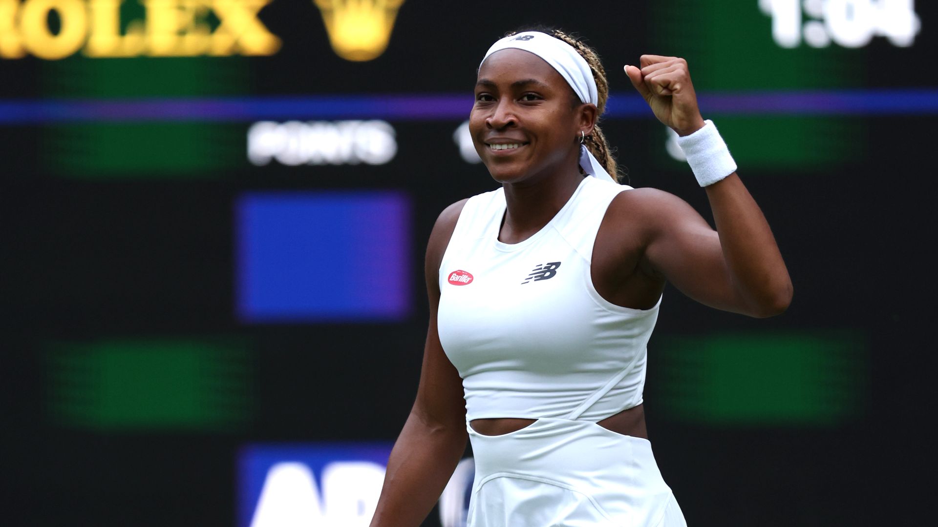 Coco Gauff of United States celebrates winning match point against Caroline Dolehide of United States during her Ladies' Singles first round match on day one of The Championships Wimbledon 2024 at All England Lawn Tennis and Croquet Club on July 01, 2024, in London, England. 