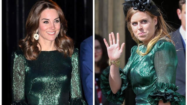 Collage of the Duchess of Cambridge and Princess Beatrice in green dresses
