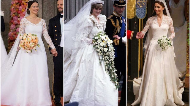 Sofia of Sweden, Diana of Wales and Kate Middleton with wedding dresses