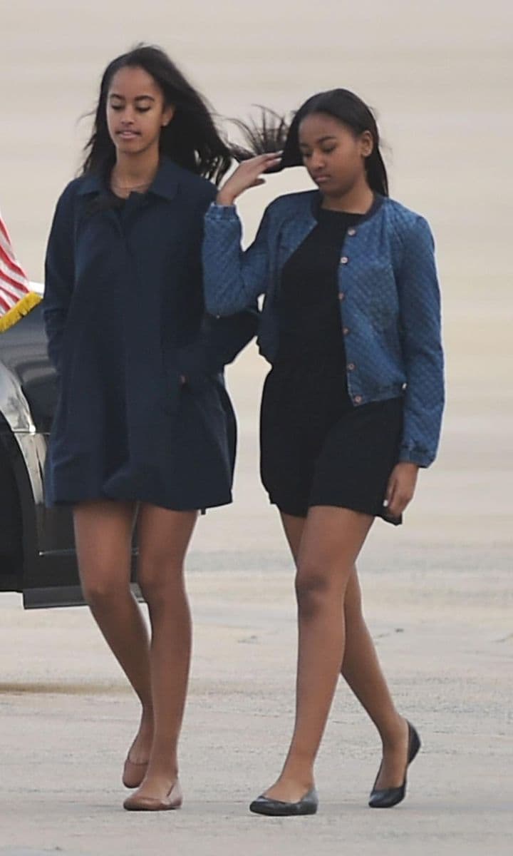 Sasha Obama, black dress, denim quilted bomber jacket