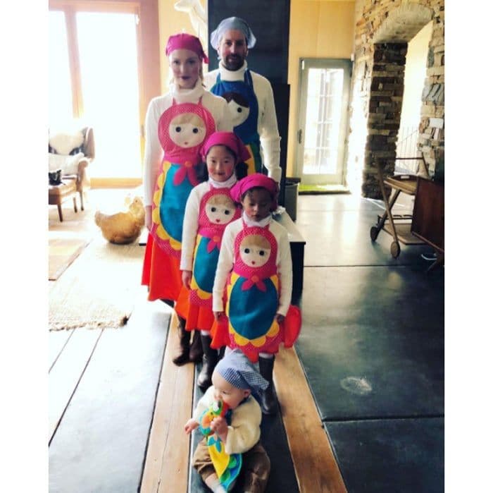 Katherine Heigl and Josh Kelley made Halloween a family affair. The couple along with their three children, Naleigh, Adalaide and Joshua Jr. dressed as Russian Nesting Dolls. The mom-of-three wrote on Instagram: "The big reveal! Well...it's Big to me at least! I realize we look like we could be a bunch of bakers, chefs or flight attendants but we are in fact RUSSIAN NESTING DOLLS! Hahahah! I'm sorry, I just think we all look hilarious! Family themed costumes may be a new tradition...at least as long as I can talk my kids into it! Happy Halloween from the Kelley's! To find out where I got these amazing hand made costumes head over to the blog and check out my post Enter If You Dare. Or stay tuned for my next Halloween post with more fun family pics and all the costume details! #thoseheavenlydays #handmadehalloween thoseheavenlydays.com"
Photo: Instagram/@katherineheigl