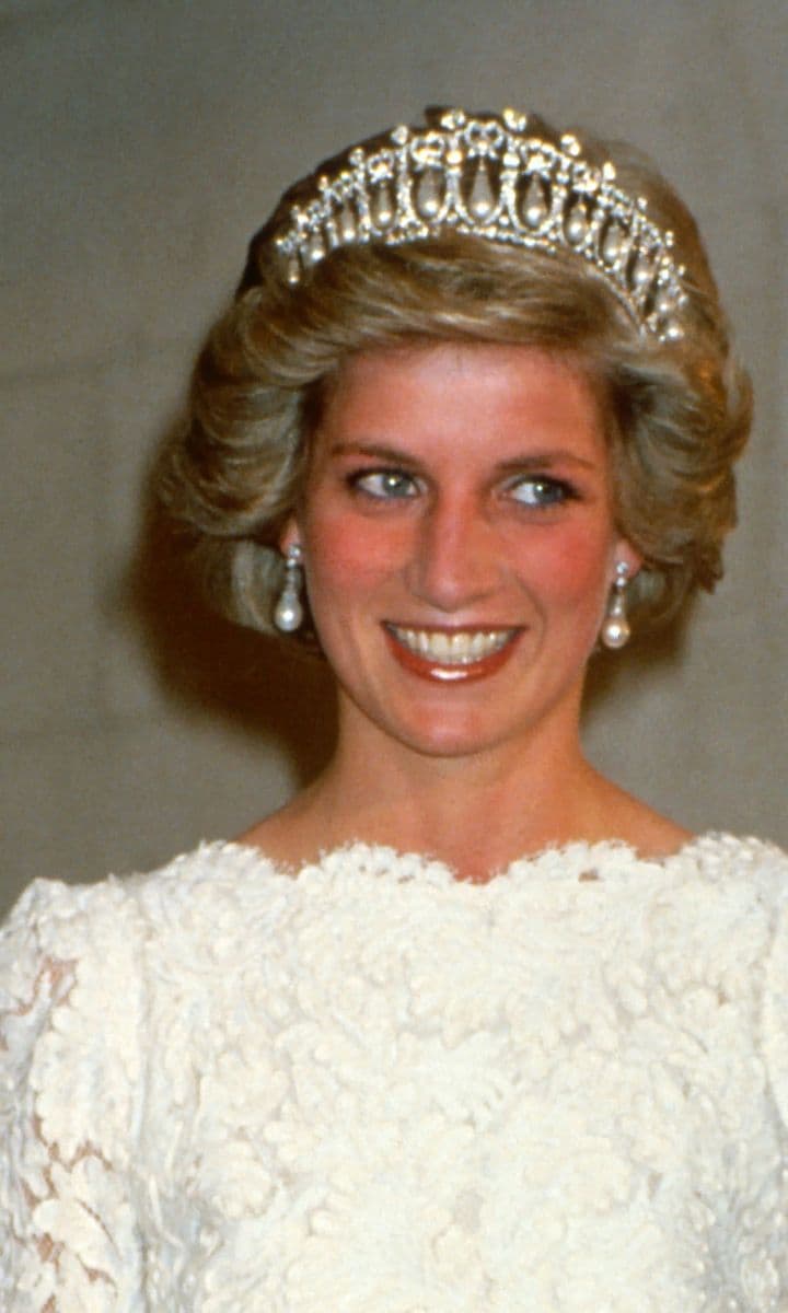 Princess Diana wearing a pearl and diamond tiara