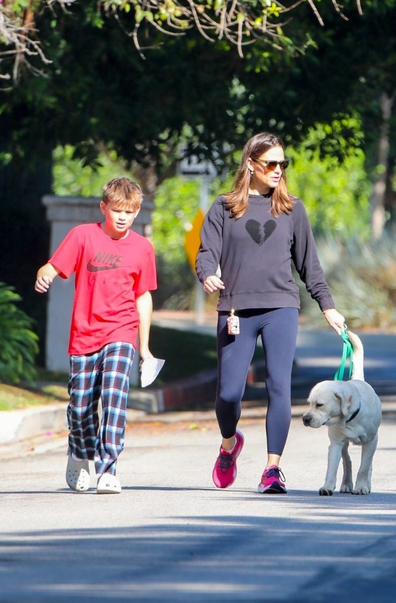 Jennifer Garner enjoys a relaxing walk in Brentwood with her son Samuel and their family dog.