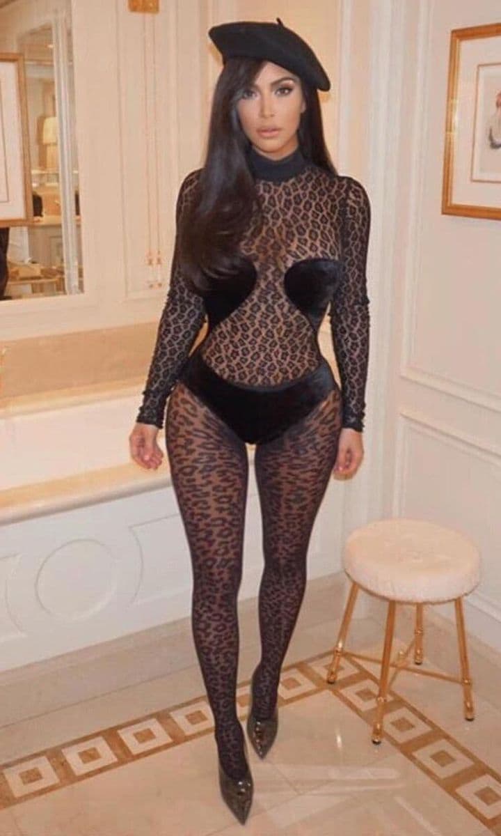 Kim Kardashian in a sheer leopard print "naked outfit" by Azzedine Alaia