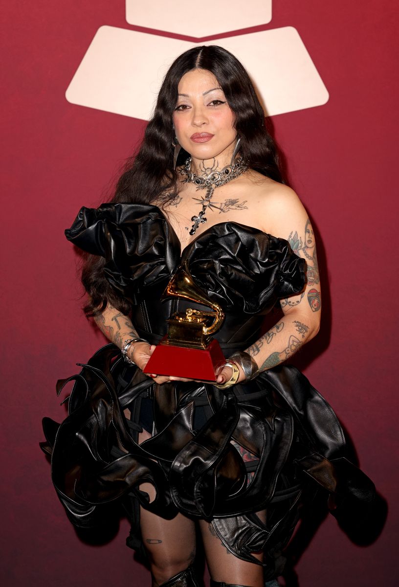 Mon Laferte poses with the award for Best Alternative Music Album for the album "AutopoiÃ©tica" at the Premiere Ceremony during the 25th Latin GRAMMY Awards at Miami Beach Convention Center on November 14, 2024 in Miami, Florida. (Photo by Alexander Tamargo/Getty Images for The Latin Recording Academy)