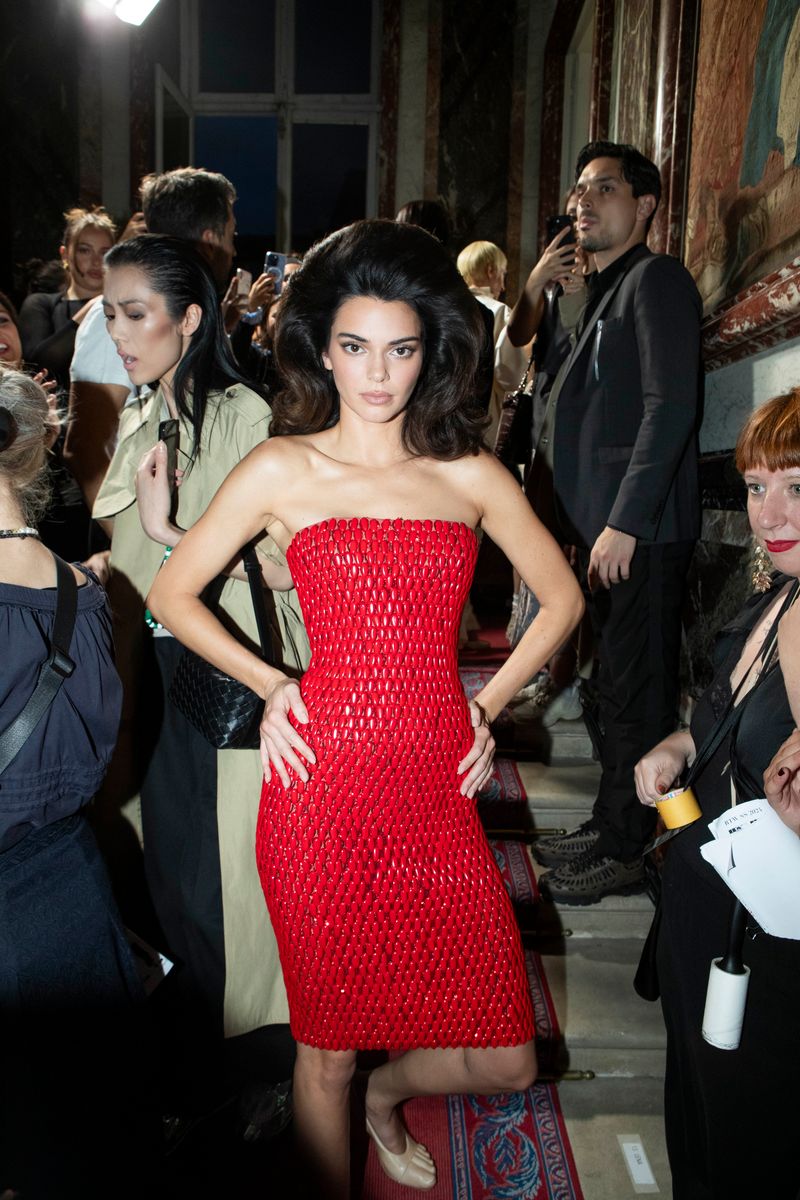 Kendall Jenner backstage after the Schiaparelli fashion show at the Italian Embassy Residence in Paris during Paris Fashion Week, September 28, 2023.