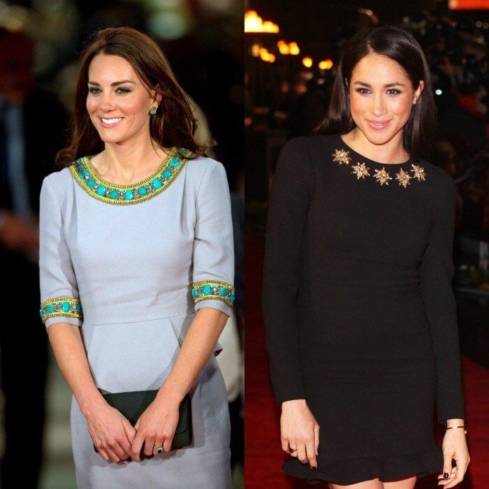 <b>Embellished collars</b>
The Duchess and the Hollywood star added pizzazz to their red carpet looks with an embellished neckline. The stylish royal wore a sheath dress by Matthew Williamson that featured ornate beading and a peplum detail to the 2012 UK premiere of <i>African Cats</i>. Meghan sparkled in London a year later wearing a black dress with gold embellishments to the premiere of <i>The Hunger Games: Catching Fire</i>.
Photos: WireImage