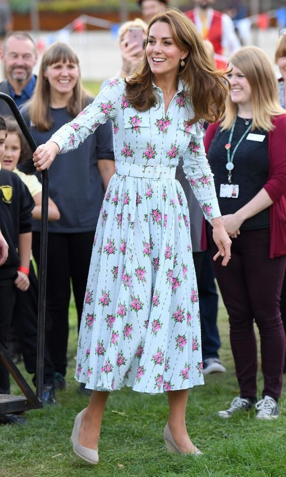 Kate Middleton in a floral dress with espadrilles