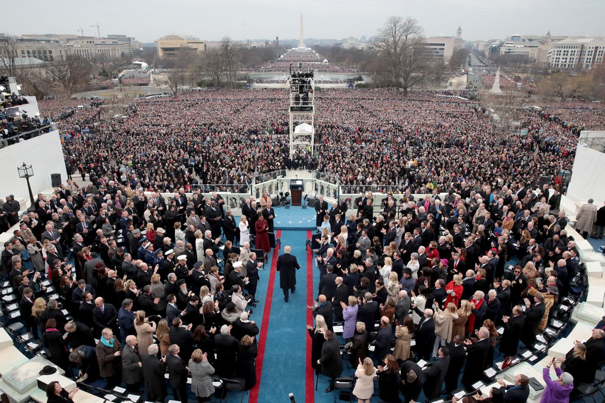 President-elect Donald Trump's 2025 inauguration ceremony won't take place outdoors like his first swearing-in ceremony in 2017 (pictured above)