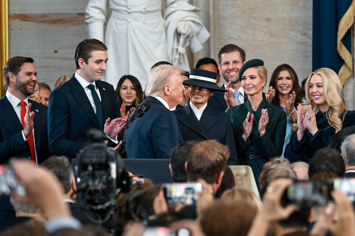 WASHINGTON, DC - JANUARY 20: Vice President JD Vance, Barron Trump, Melania Trump, Eric Trump, Ivanka Trump and Tiffany Trump celebrate with President Donald Trump at his inauguration in the U.S. Capitol Rotunda on January 20, 2025 in Washington, DC. Donald Trump takes office for his second term as the 47th President of the United States. (Photo by Kenny Holston-Pool/Getty Images)