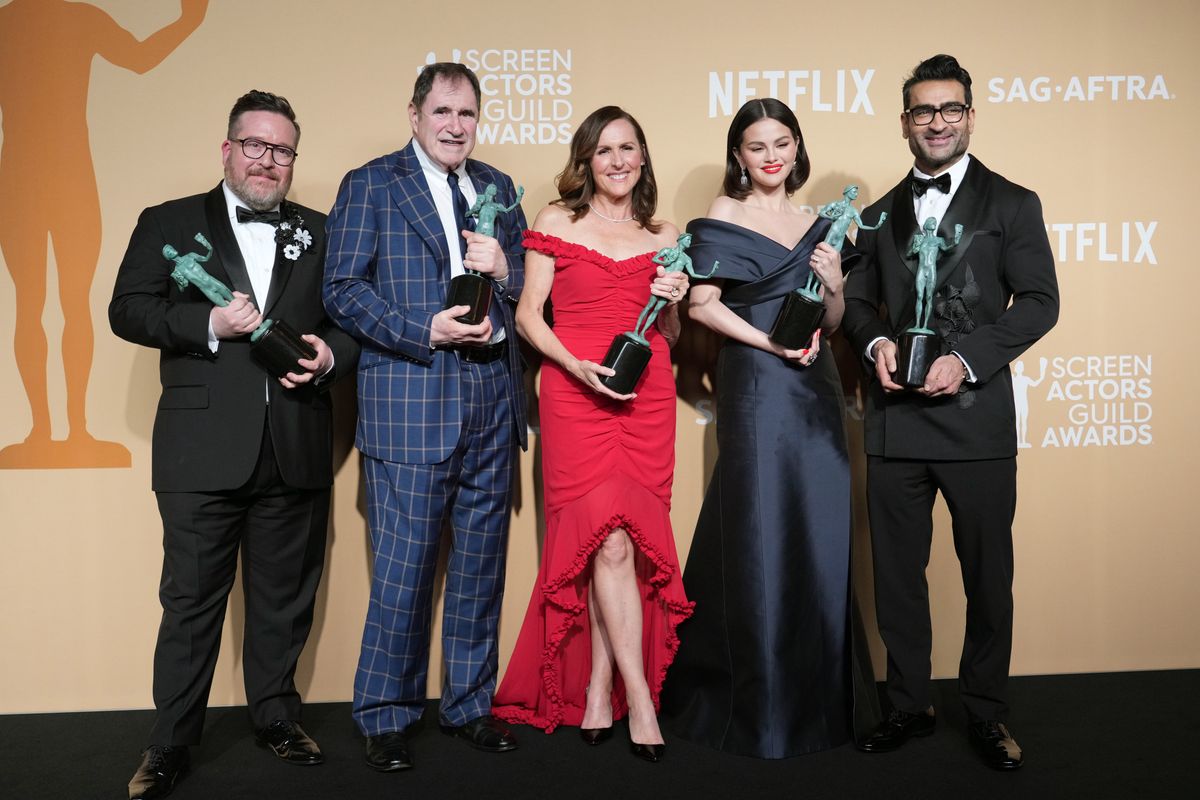 Michael Cyril Creighton, Richard Kind, Molly Shannon, Selena Gomez and Kumail Nanjian, winners of Outstanding Performance by an Ensemble in a Comedy Series for "Only Murders in the Building," 