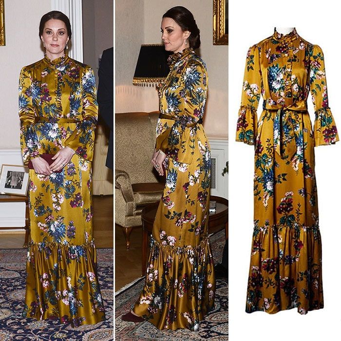 <B>DAY ONE - STOCKHOLM, SWEDEN</B>
The Duke and Duchess of Cambridge finished their very first day in Sweden by attending a glamorous black tie dinner at the Residence of the British Ambassador, where they were joined by members of the Swedish Royal family and representatives from government. Kate made a stylish statement in winter florals: a mustard long-sleeved <a href="https://us.hellomagazine.com/tags/1/erdem/"><strong>Erdem</strong></a> gown which skimmed over her baby bump.
Photos: WENN, Erdem.com