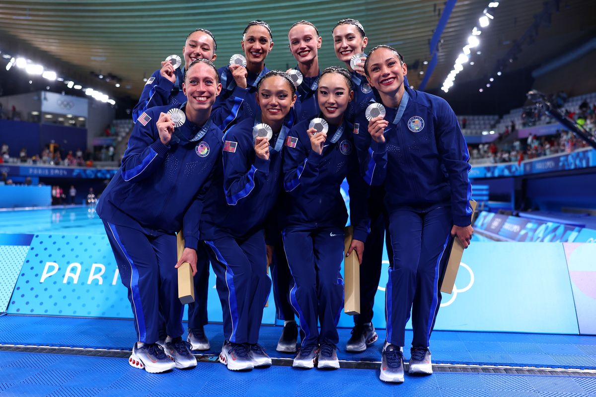 Silver Medalists of Team United States pose following the Artistic Swimming medal ceremony after the Team Acrobatic Routine on day twelve of the Olympic Games Paris 2024 at Aquatics Centre on August 07, 2024 in Paris, France. (Photo by Maddie Meyer/Getty Images)