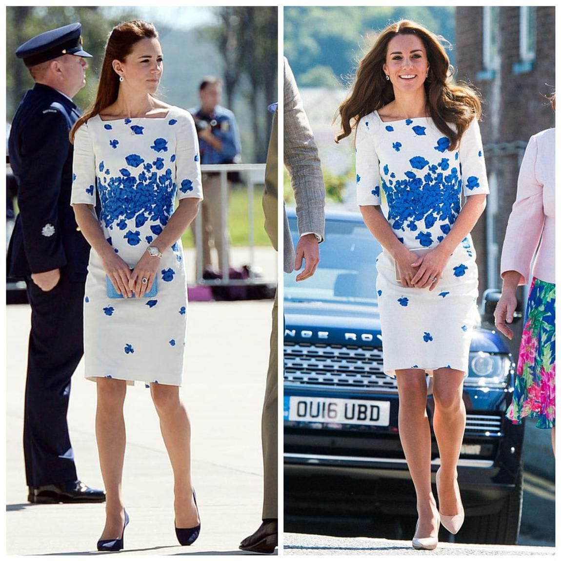 Kate Middleton in a L.K. Bennett white dress with blue flowers in 2014 and 2016