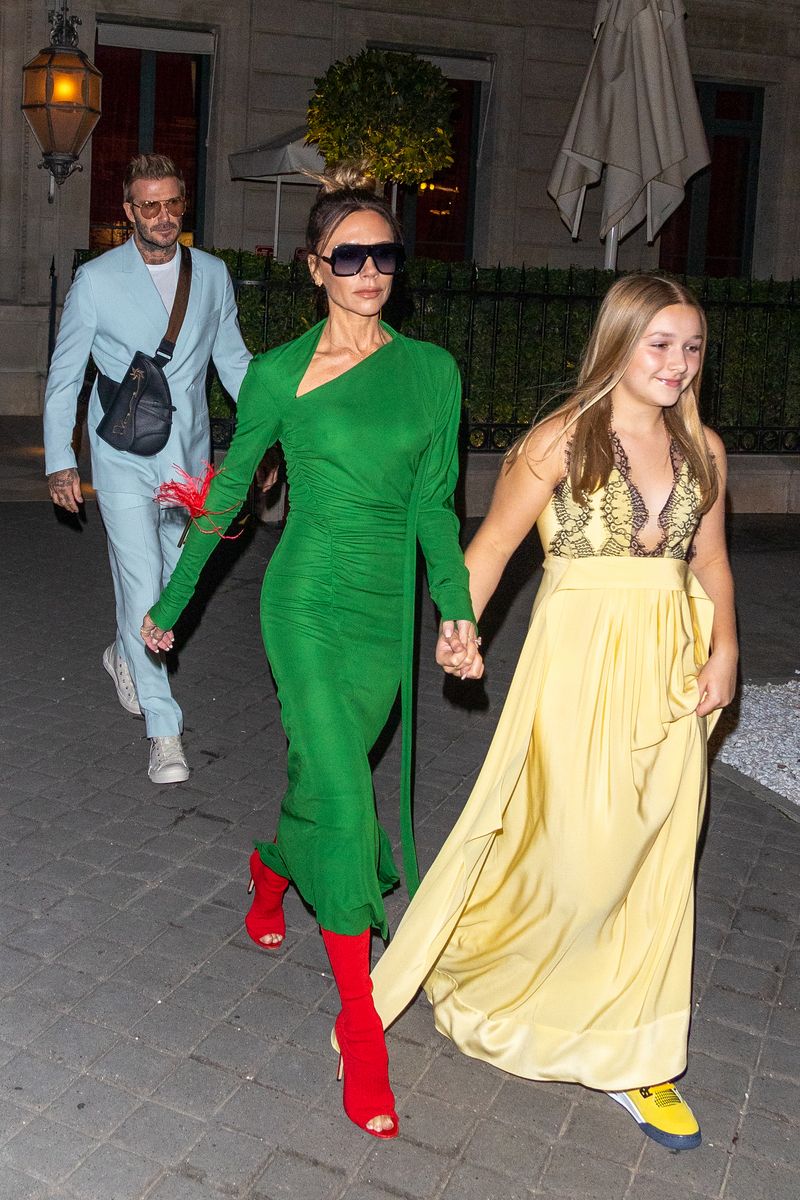 PARIS, FRANCE - SEPTEMBER 30: (L-R) David Beckham, Victoria Beckham and Harper Beckham are seen on September 30, 2022 in Paris, France. (Photo by Marc Piasecki/GC Images)