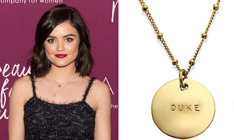 This 14-karat-gold pendant by Jenny Present can be hand-stamped with a name, date or poignant phrase for a pretty and personalized finish.
Celebrity fans: Giuliana Rancic, Lucy Hale
Large Gold Pendant Hand Stamped Name Necklace $86, jennypresent.com
