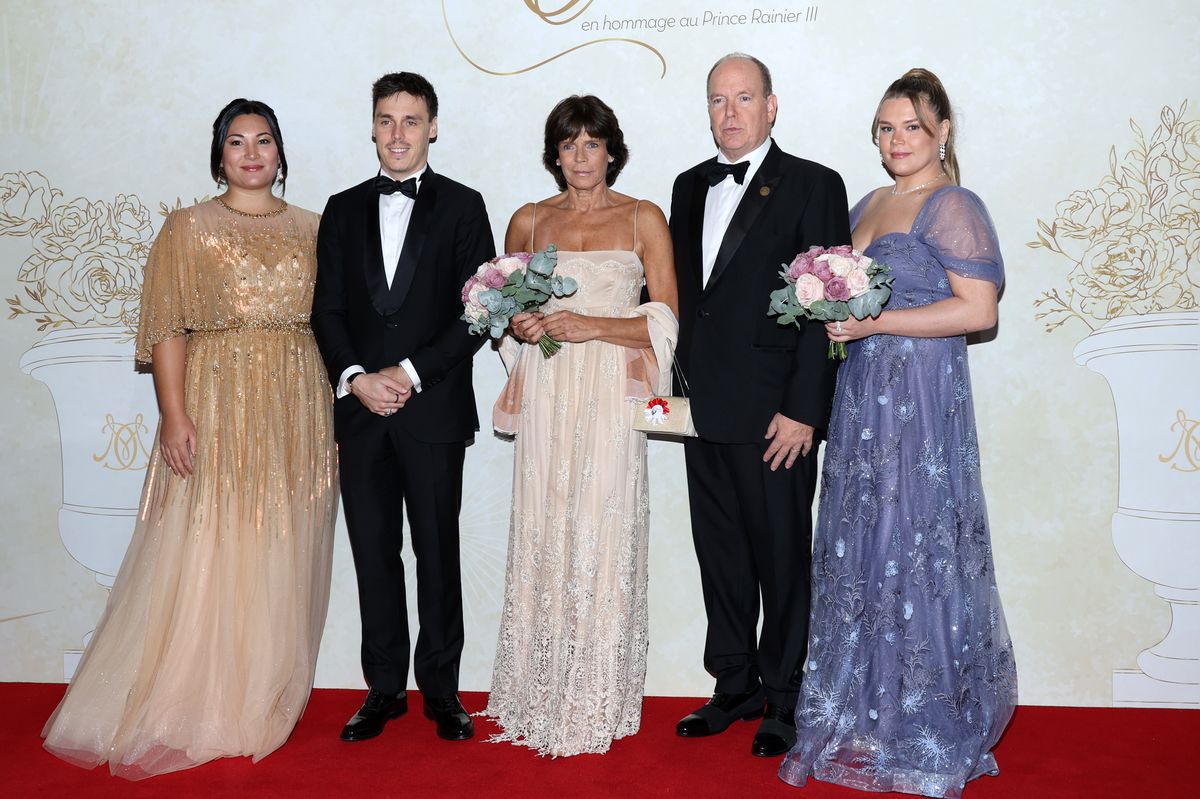 MONACO, MONACO - OCTOBER 20: (EDITOR'S NOTE : NO TABLOIDS WEB & PRINT, NO DAILY MAIL, NO DAILY MAIL GROUP, NO VOICI, NO CLOSER) (L-R) Marie Chevalier, Louis Ducruet, Princess Stephanie of Monaco, Prince Albert II of Monaco andCamille Gottlieb attend the "Bal Du Centenaire - Prince Rainer III" Ball To Benefit The Fight Aids Monaco At Casino De Monte-Carlo on October 20, 2023 in Monaco, Monaco. (Photo by Pascal Le Segretain/Getty Images)