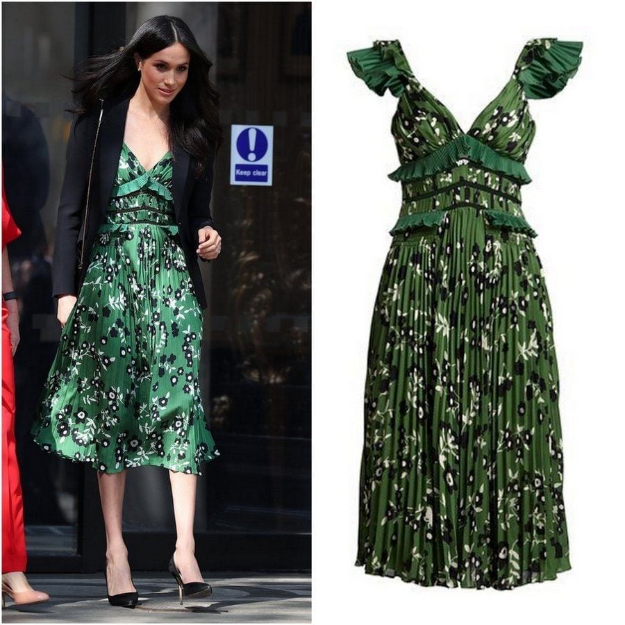 Meghan surprised royal fashion watchers when she stepped out for the April 21 Invictus Games reception in color, setting aside her usual neutral looks. Spotted as she arrived for the London event, the former actress wore the Cold-Shoulder Floral-Print Midi Dress in green from celebrity favorite Self-Portrait. The dress is available at Neiman Marcus for $510.
Photos: Getty Images, NeimanMarcus.com