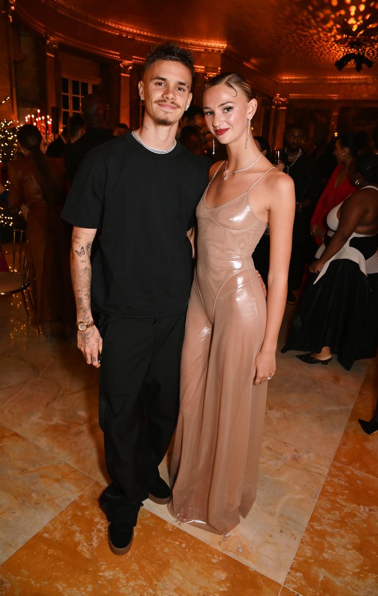 Romeo Beckham and Mia Regan attend a star-studded night celebrating Edward Enninful's Trailblazer award, hosted by Natasha Poonawalla on December 4, 2023 in London, England. (Photo by Dave Benett/Getty Images for Natasha Poonawalla)