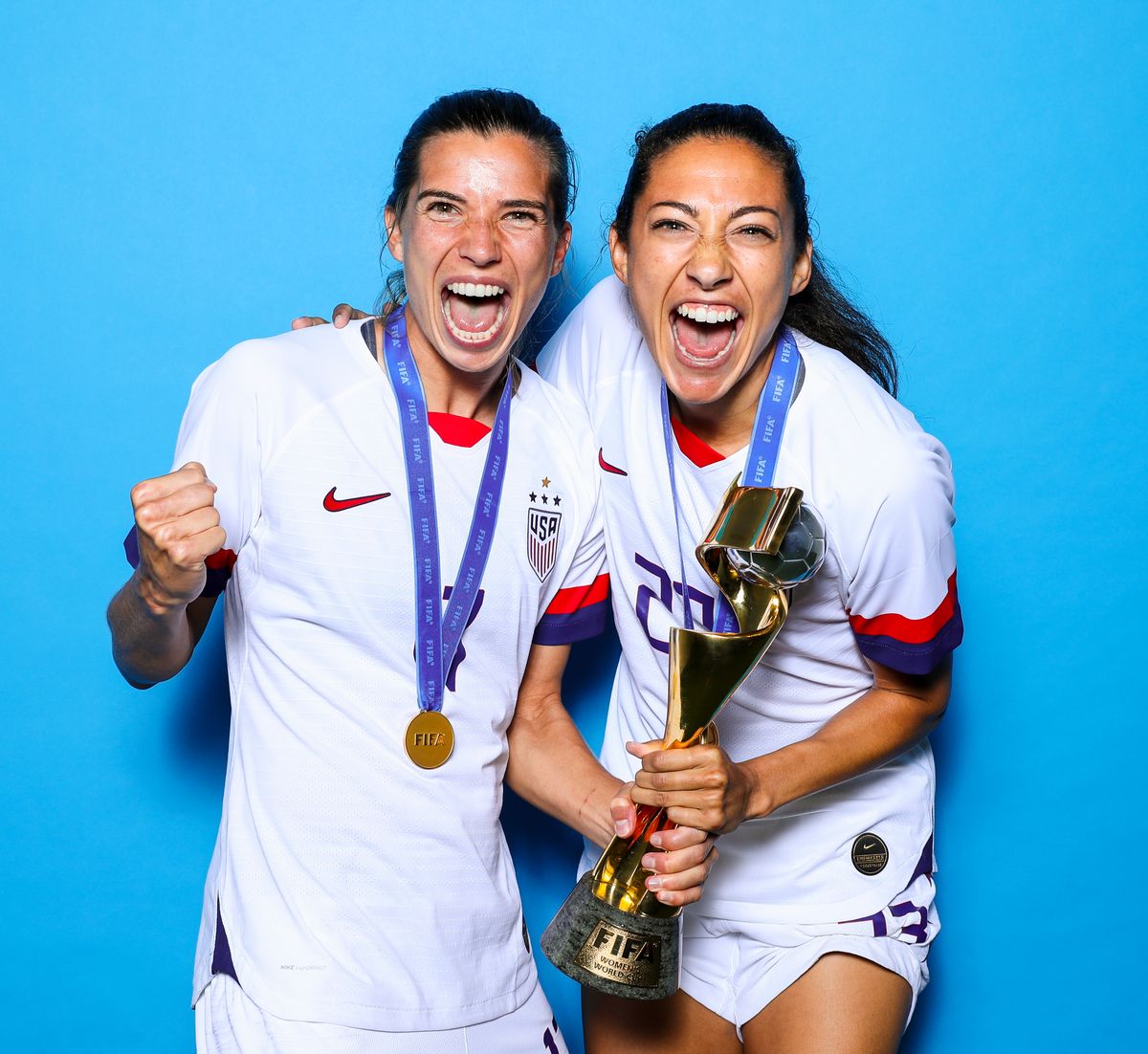 The couple posed with the Women's World Cup trophy after the 2019 FIFA Women's World Cup France Final match.