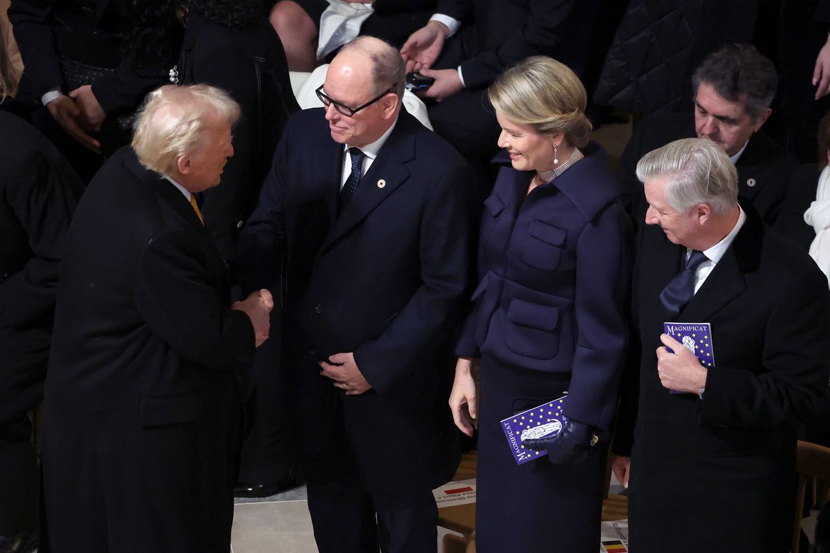 PARIS, FRANCE - DECEMBER 07: U.S. President-elect Donald Trump greets Prince Albert II of Monaco, Queen Mathilde of Belgium and King Philippe of Belgium during the ceremony to mark the reopening of Notre-Dame of Paris Cathedral on December 07, 2024 in Paris, France. After five years of restoration, Notre-Dame Cathedral in Paris reopens its doors to the world in the presence of Emmanuel Macron and around fifty heads of state, including Donald Trump, invited for the occasion.  (Photo by Pascal Le Segretain/Getty Images for Notre-Dame de Paris)