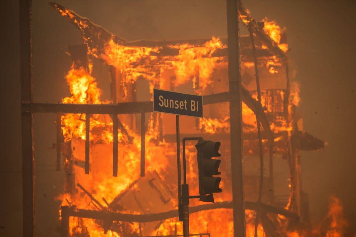 Flames from the Palisades Fire burn a building on Sunset Boulevard amid a powerful windstorm 