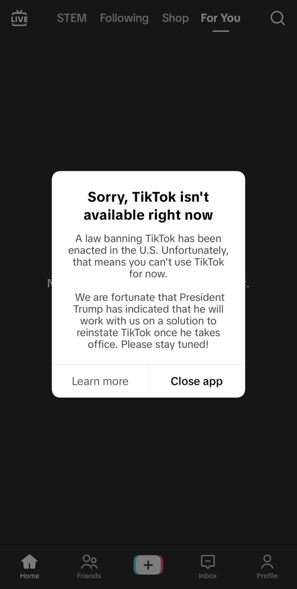 TikTok's message following the US ban