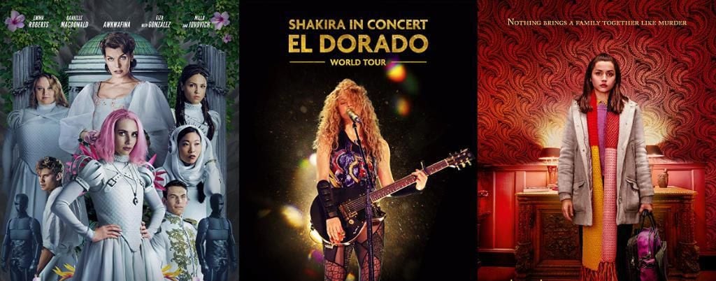 Paradise Hills movie poster, Knives Out movie poster and Shakira In Concert: El Dorado World Tour poster